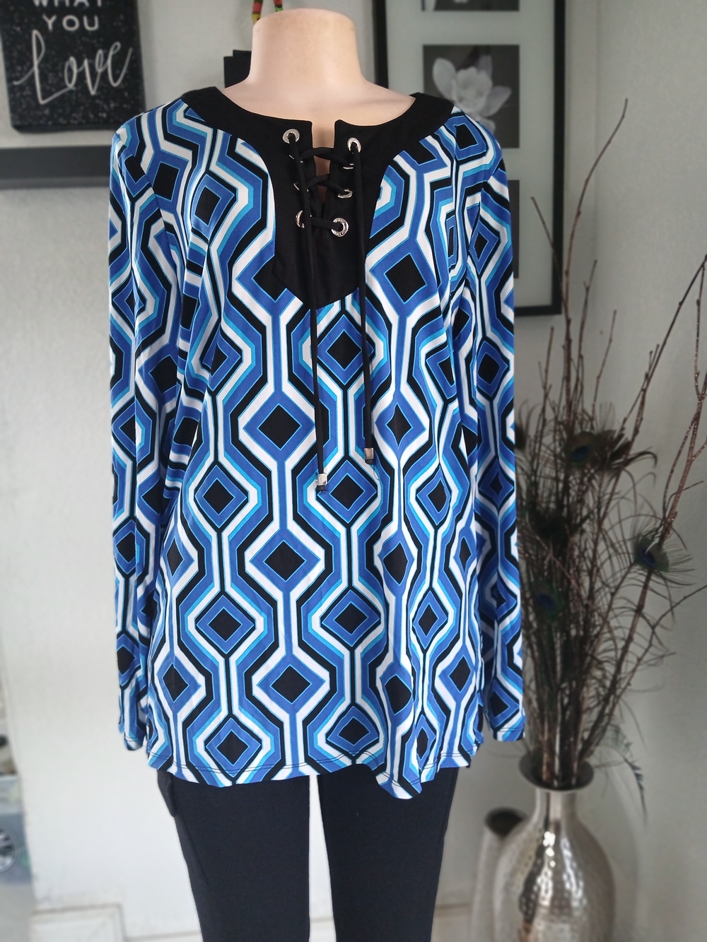 Michael Kors Blue Geometric Lace-Up Long Sleeve Top - Picture 2 of 9